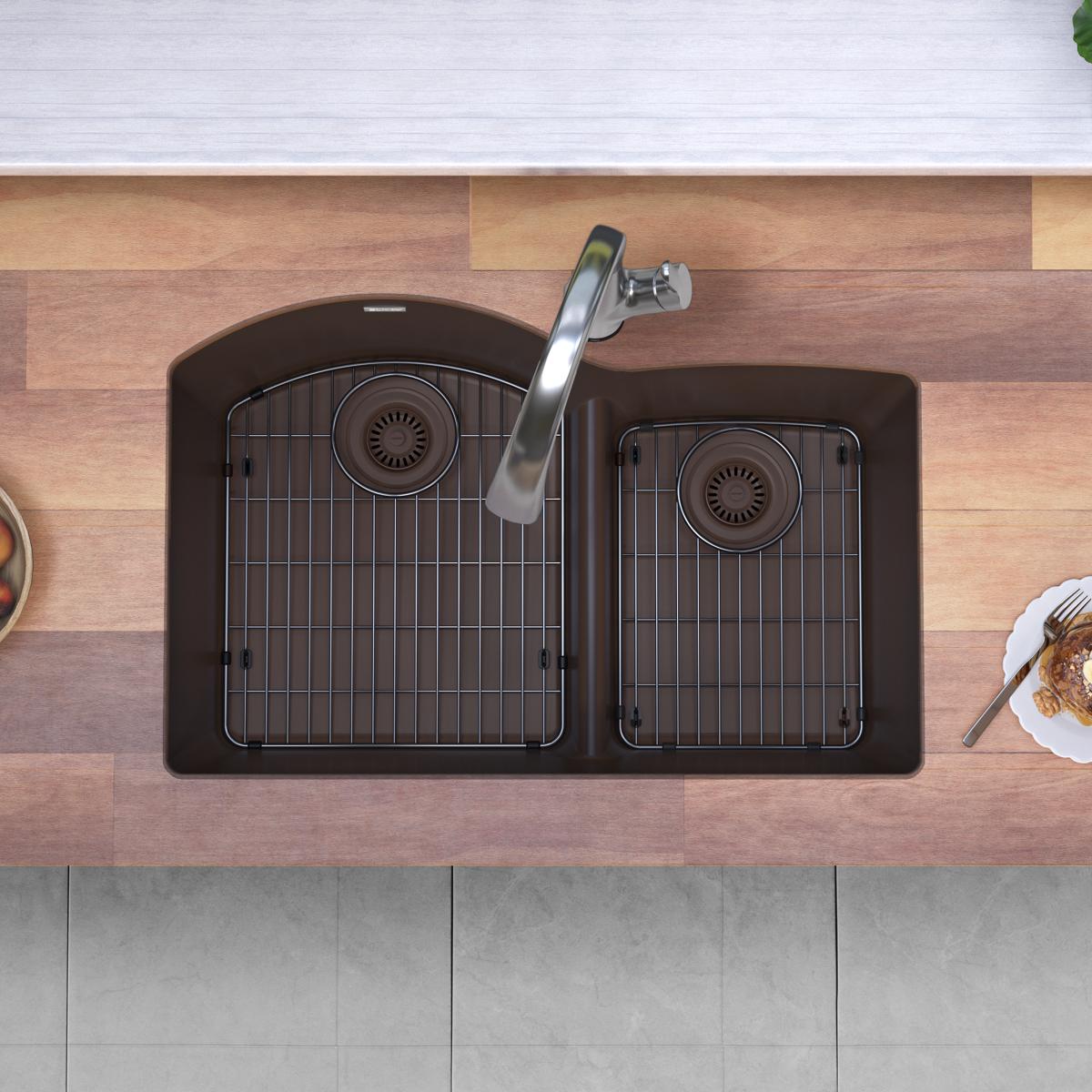 Elkay Quartz Classic 33" Undermount Quartz Kitchen Sink Kit with Faucet, 60/40 Double Bowl, Mocha, ELGHU3322RMCFLC