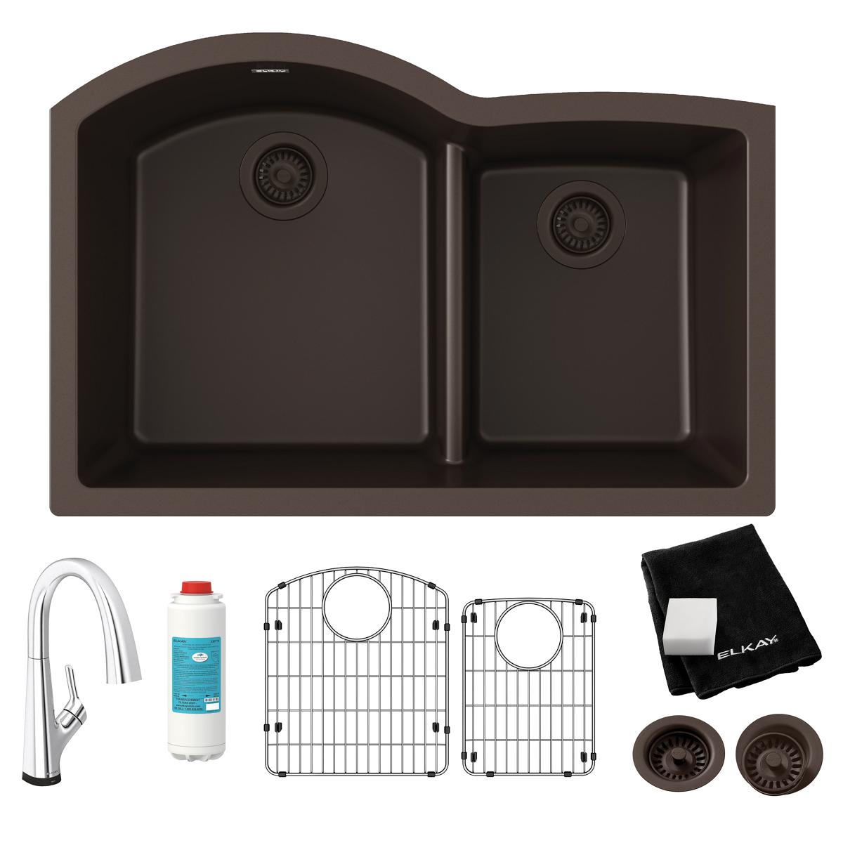 Elkay Quartz Classic 33" Undermount Quartz Kitchen Sink Kit with Faucet, 60/40 Double Bowl, Mocha, ELGHU3322RMCFLC