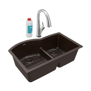 Alternate Image for Elkay Quartz Classic 33" Undermount Quartz Kitchen Sink Kit with Faucet, 60/40 Double Bowl, Mocha, ELGHU3322RMCFLC