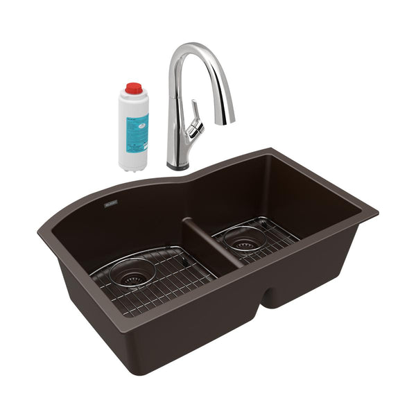 Elkay Quartz Classic 33" Undermount Quartz Kitchen Sink Kit with Faucet, 60/40 Double Bowl, Mocha, ELGHU3322RMCFLC