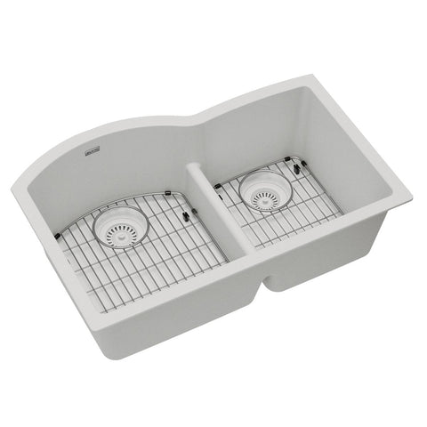 Elkay Quartz Classic 33" Undermount Quartz Kitchen Sink Kit, 60/40 Double Bowl, White, ELGHU3322RWH0C