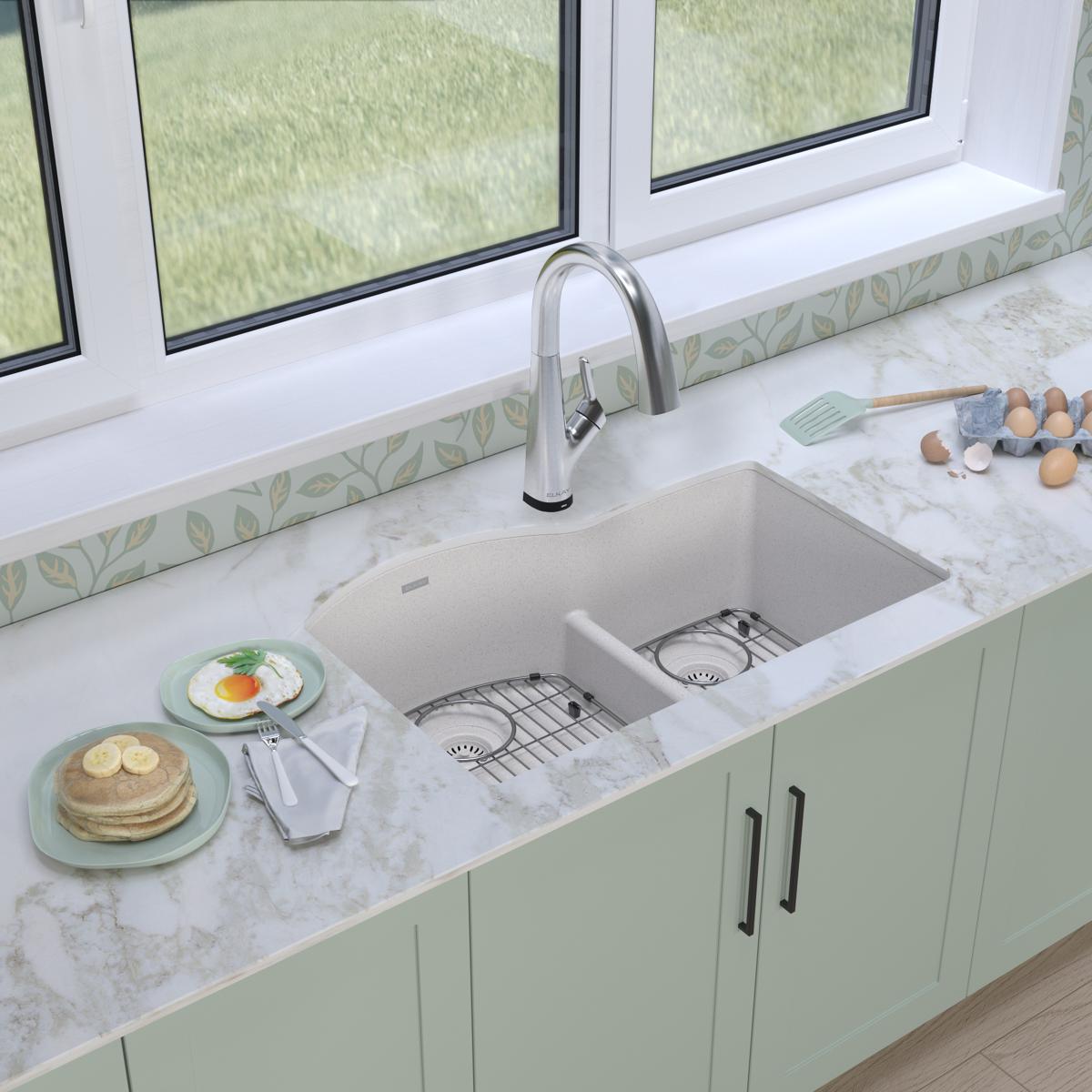 Elkay Quartz Classic 33" Undermount Quartz Kitchen Sink Kit with Faucet, 60/40 Double Bowl, White, ELGHU3322RWHFLC