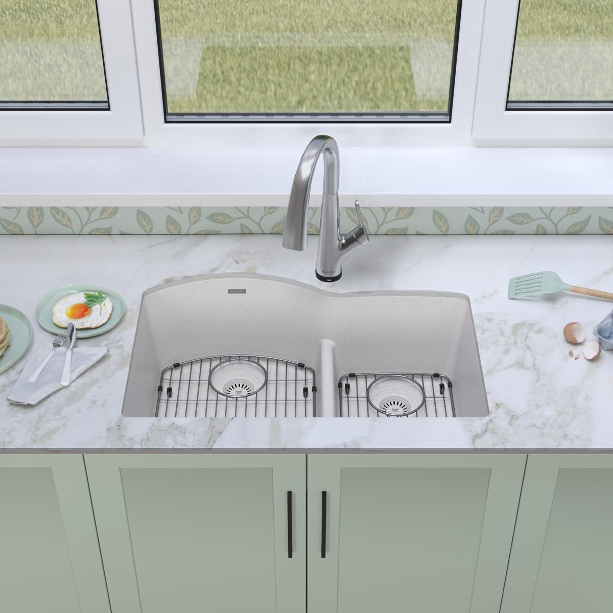Elkay Quartz Classic 33" Undermount Quartz Kitchen Sink Kit with Faucet, 60/40 Double Bowl, White, ELGHU3322RWHFLC