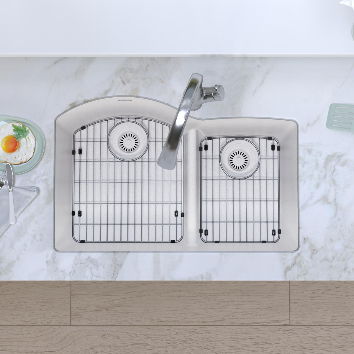 Elkay Quartz Classic 33" Undermount Quartz Kitchen Sink Kit with Faucet, 60/40 Double Bowl, White, ELGHU3322RWHFLC