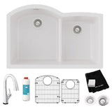 Elkay Quartz Classic 33" Undermount Quartz Kitchen Sink Kit with Faucet, 60/40 Double Bowl, White, ELGHU3322RWHFLC