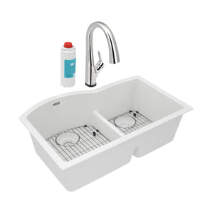 Alternate Image for Elkay Quartz Classic 33" Undermount Quartz Kitchen Sink Kit with Faucet, 60/40 Double Bowl, White, ELGHU3322RWHFLC