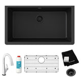 Elkay Quartz Classic 33" Undermount Quartz Kitchen Sink Kit with Faucet, Single Bowl Black, ELGRU13322BKFLC