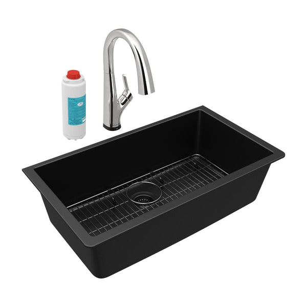 Elkay Quartz Classic 33" Undermount Quartz Kitchen Sink Kit with Faucet, Single Bowl Black, ELGRU13322BKFLC