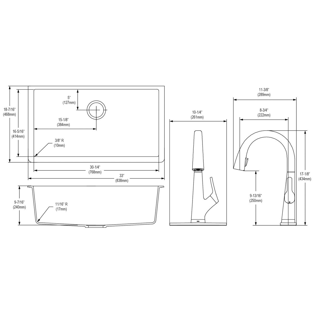 Elkay Quartz Classic 33" Undermount Quartz Kitchen Sink Kit with Faucet, Single Bowl Black, ELGRU13322BKFLC