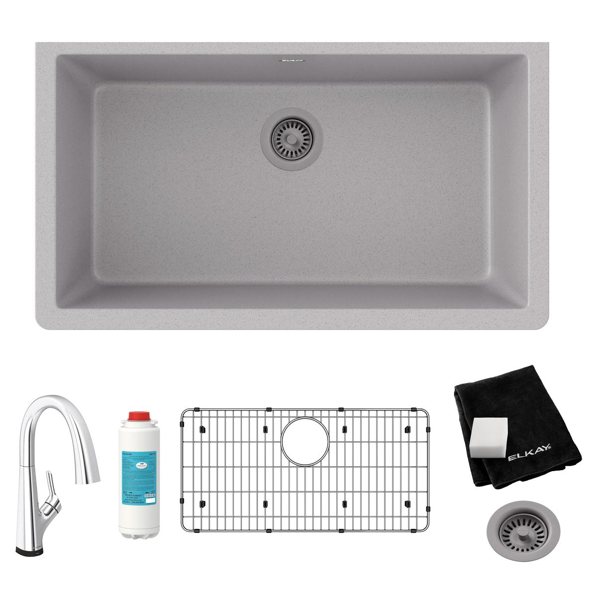 Elkay Quartz Classic 33" Undermount Quartz Kitchen Sink Kit with Faucet, Single Bowl Greystone, ELGRU13322GSFLC