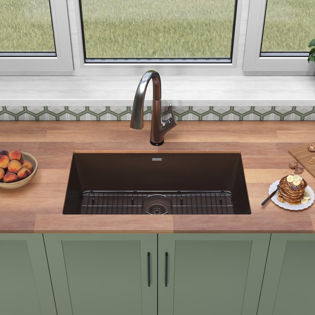 Elkay Quartz Classic 33" Undermount Quartz Kitchen Sink Kit with Faucet, Single Bowl Mocha, ELGRU13322MCFLC