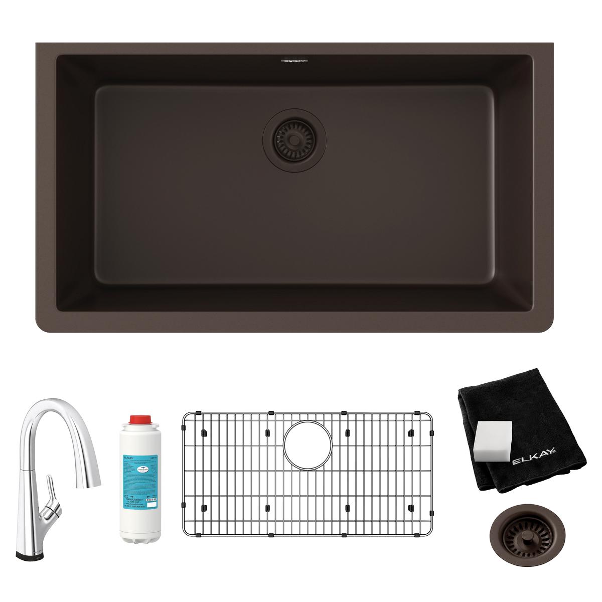 Elkay Quartz Classic 33" Undermount Quartz Kitchen Sink Kit with Faucet, Single Bowl Mocha, ELGRU13322MCFLC