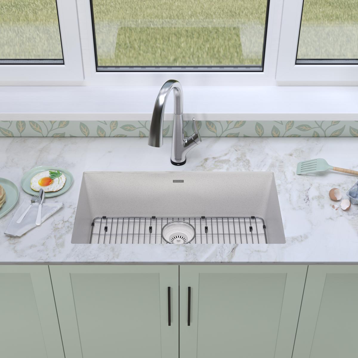 Elkay Quartz Classic 33" Undermount Quartz Kitchen Sink Kit with Faucet, Single Bowl White, ELGRU13322WHFLC