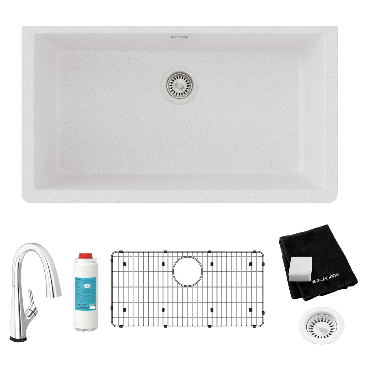 Elkay Quartz Classic 33" Undermount Quartz Kitchen Sink Kit with Faucet, Single Bowl White, ELGRU13322WHFLC