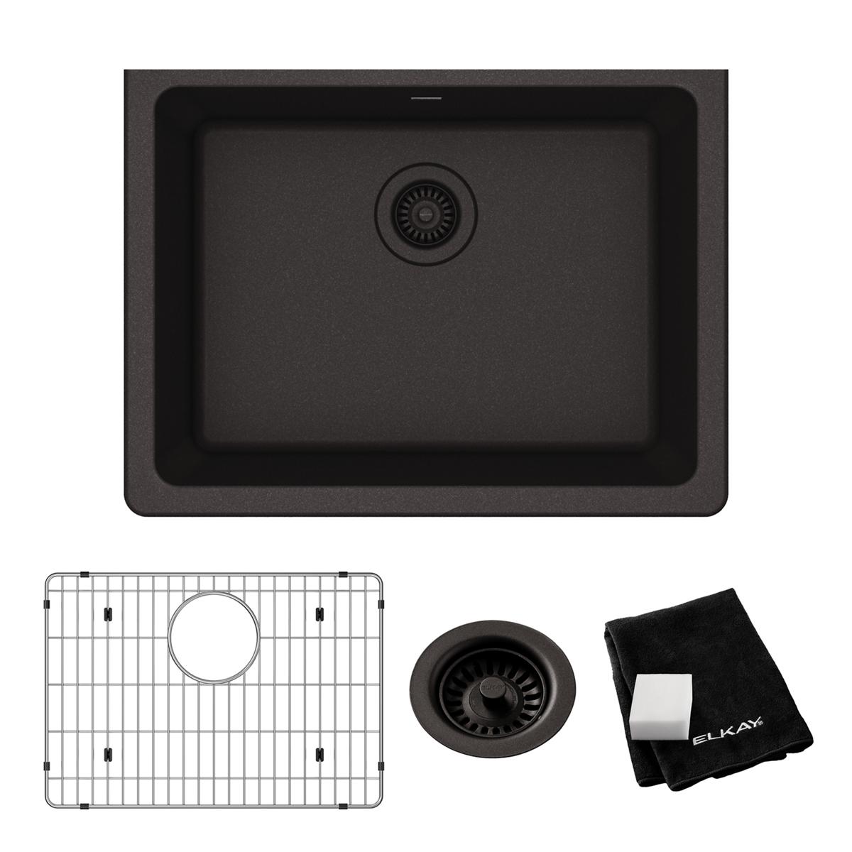 Elkay Quartz Classic 25" Undermount Quartz Kitchen Sink Kit, Black, ELGU2522BK0C
