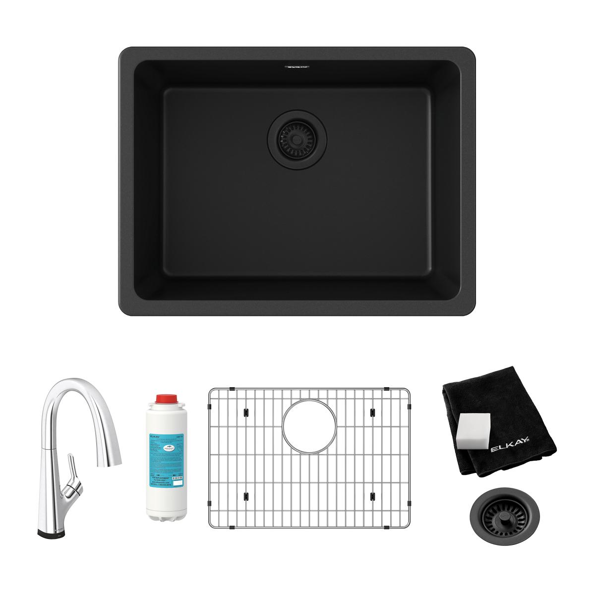 Elkay Quartz Classic 25" Undermount Quartz Kitchen Sink Kit with Faucet, Single Bowl Black, ELGU2522BK0FLC