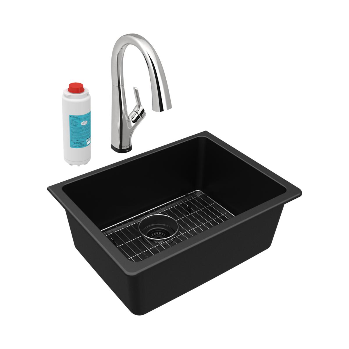 Elkay Quartz Classic 25" Undermount Quartz Kitchen Sink Kit with Faucet, Single Bowl Black, ELGU2522BK0FLC