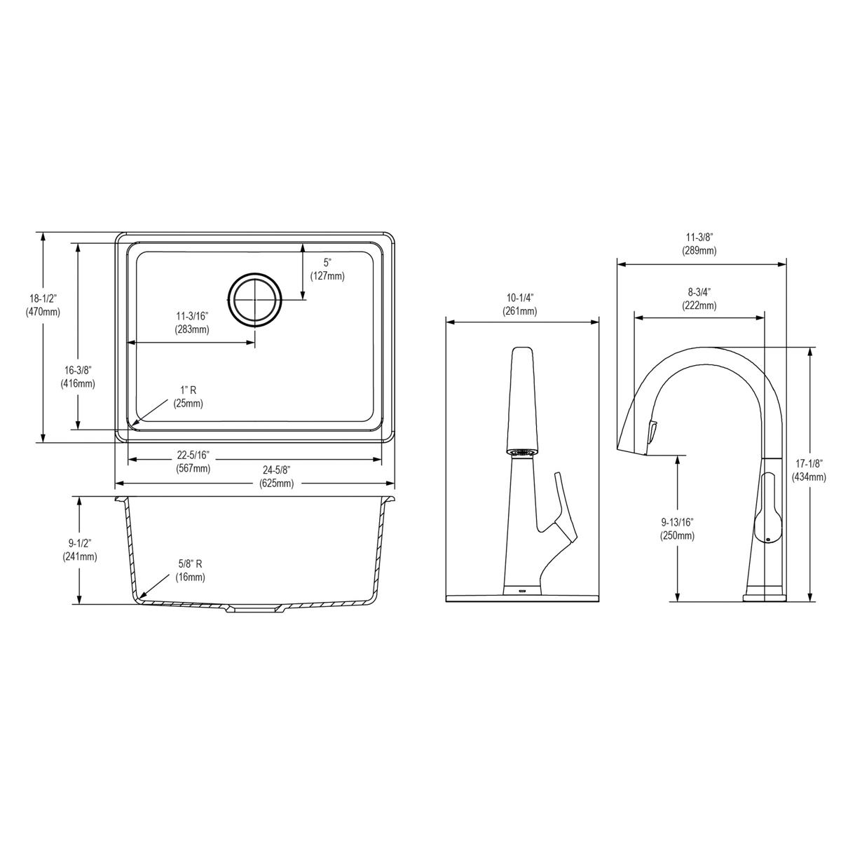Elkay Quartz Classic 25" Undermount Quartz Kitchen Sink Kit with Faucet, Single Bowl Mocha, ELGU2522MC0FLC