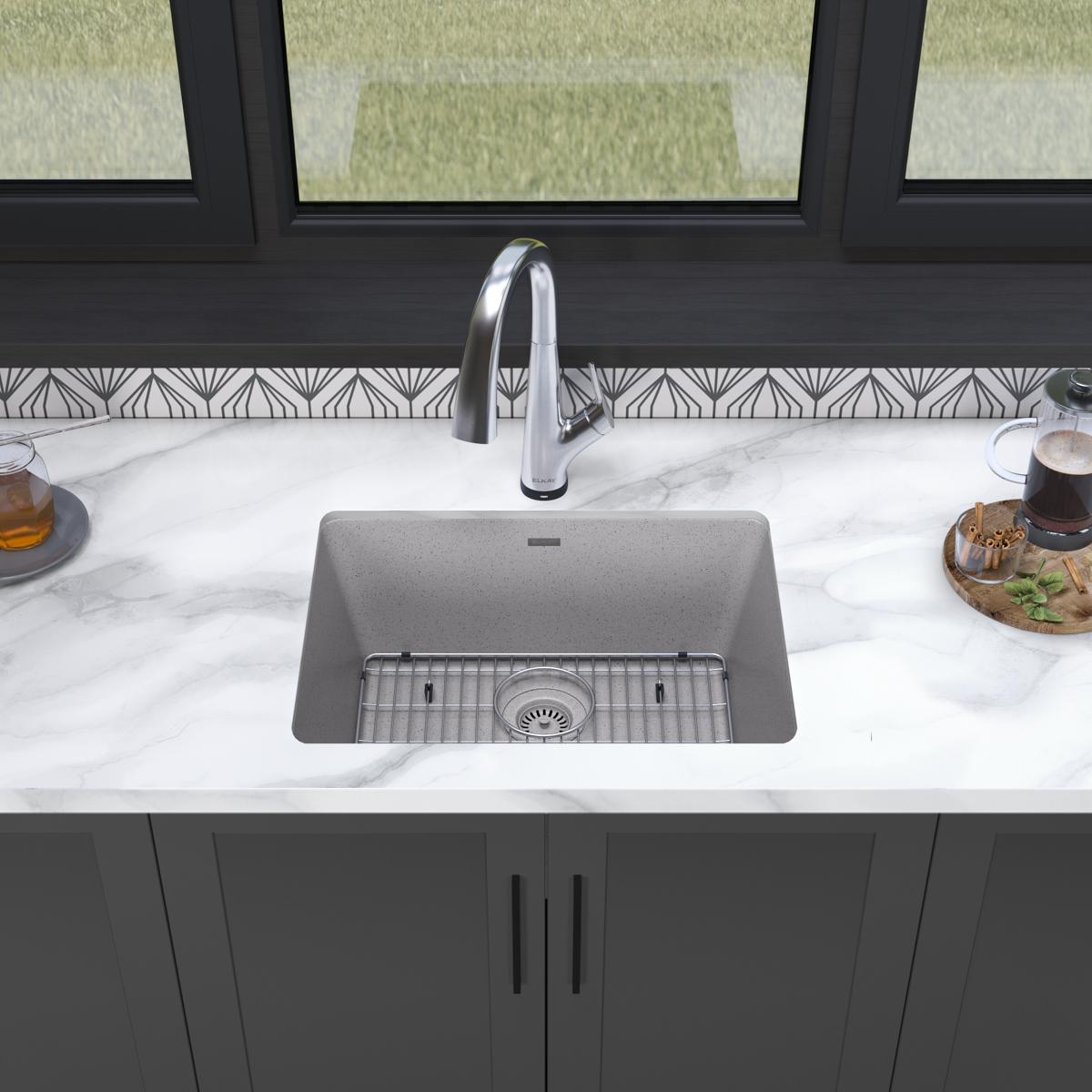 Elkay Quartz Classic 25" Undermount Quartz Kitchen Sink Kit with Faucet, Single Bowl Greystone, ELGU2522GS0FLC