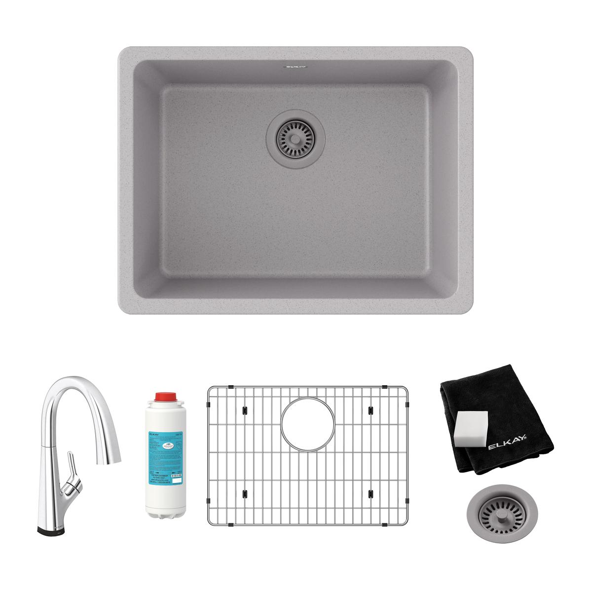 Elkay Quartz Classic 25" Undermount Quartz Kitchen Sink Kit with Faucet, Single Bowl Greystone, ELGU2522GS0FLC