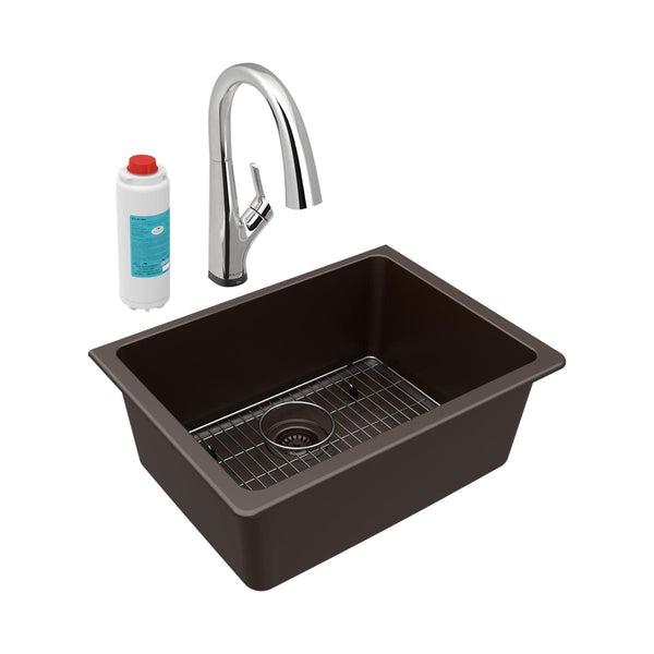 Elkay Quartz Classic 25" Undermount Quartz Kitchen Sink Kit with Faucet, Single Bowl Mocha, ELGU2522MC0FLC