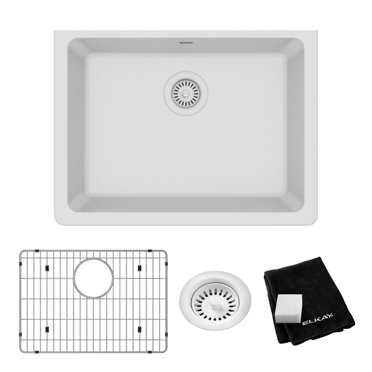 Elkay Quartz Classic 25" Undermount Quartz Kitchen Sink Kit, White, ELGU2522WH0C