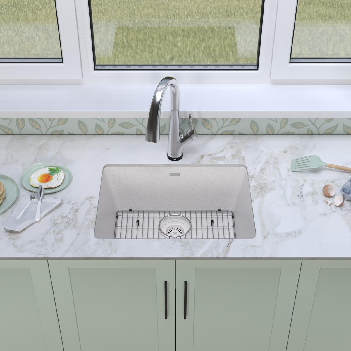 Elkay Quartz Classic 25" Undermount Quartz Kitchen Sink Kit with Faucet, Single Bowl White, ELGU2522WH0FLC