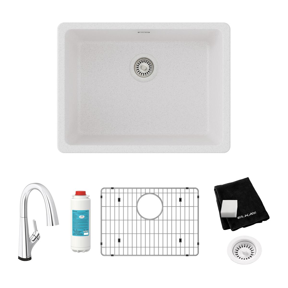 Elkay Quartz Classic 25" Undermount Quartz Kitchen Sink Kit with Faucet, Single Bowl White, ELGU2522WH0FLC