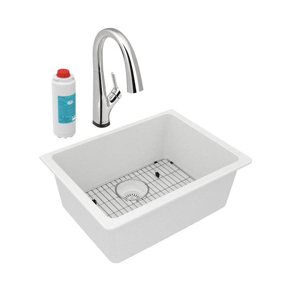 Elkay Quartz Classic 25" Undermount Quartz Kitchen Sink Kit with Faucet, Single Bowl White, ELGU2522WH0FLC