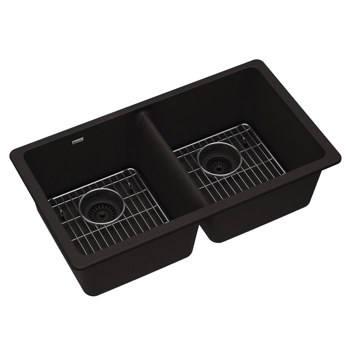 Elkay Quartz Classic 33" Undermount Quartz Kitchen Sink Kit, 50/50 Double Bowl, Black, ELGU3322BK0C