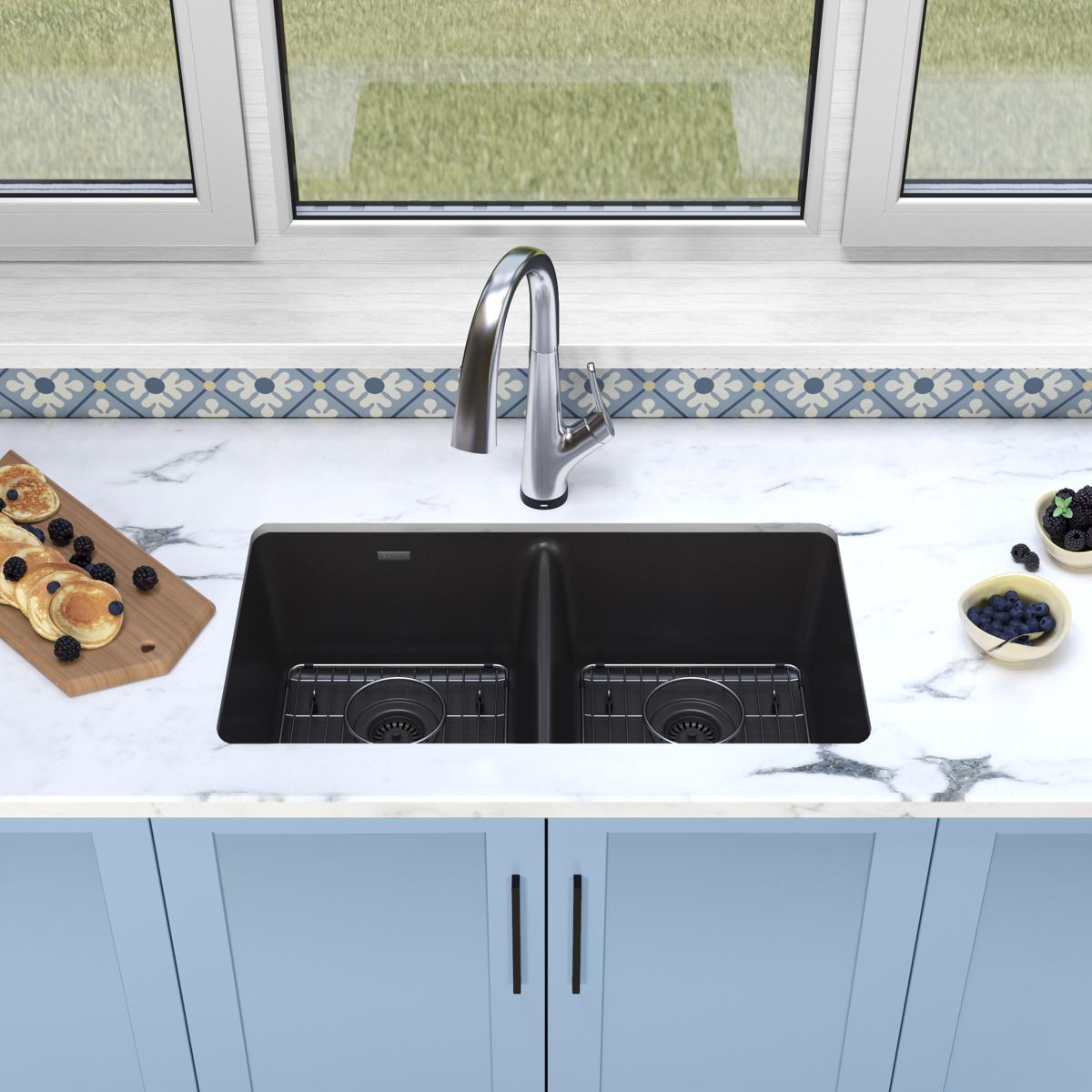 Elkay Quartz Classic 33" Undermount Quartz Kitchen Sink Kit with Faucet, 50/50 Double Bowl, Black, ELGU3322BK0FLC