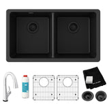 Elkay Quartz Classic 33" Undermount Quartz Kitchen Sink Kit with Faucet, 50/50 Double Bowl, Black, ELGU3322BK0FLC