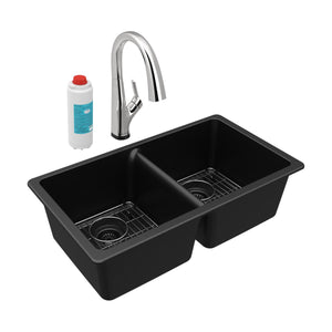 Alternate Image for Elkay Quartz Classic 33" Undermount Quartz Kitchen Sink Kit with Faucet, 50/50 Double Bowl, Black, ELGU3322BK0FLC