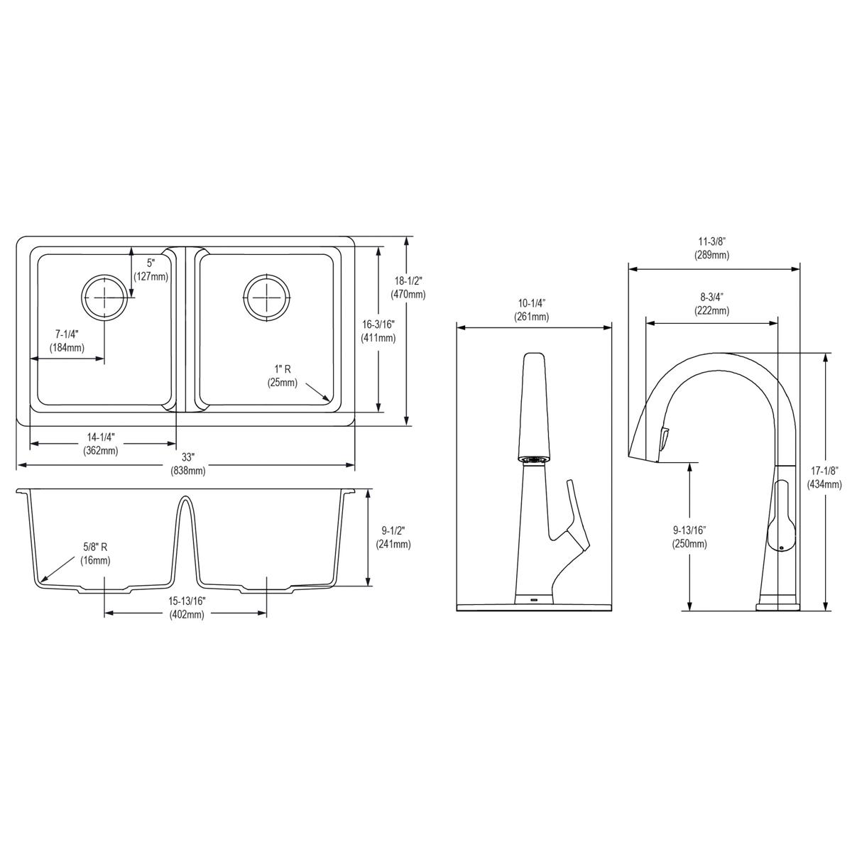 Elkay Quartz Classic 33" Undermount Quartz Kitchen Sink Kit with Faucet, 50/50 Double Bowl, Mocha, ELGU3322MC0FLC
