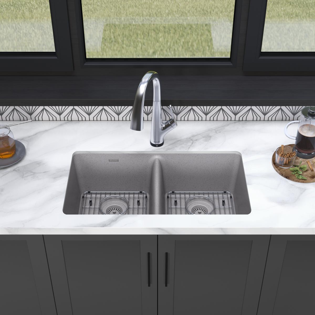 Elkay Quartz Classic 33" Undermount Quartz Kitchen Sink Kit with Faucet, 50/50 Double Bowl, Greystone, ELGU3322GS0FLC