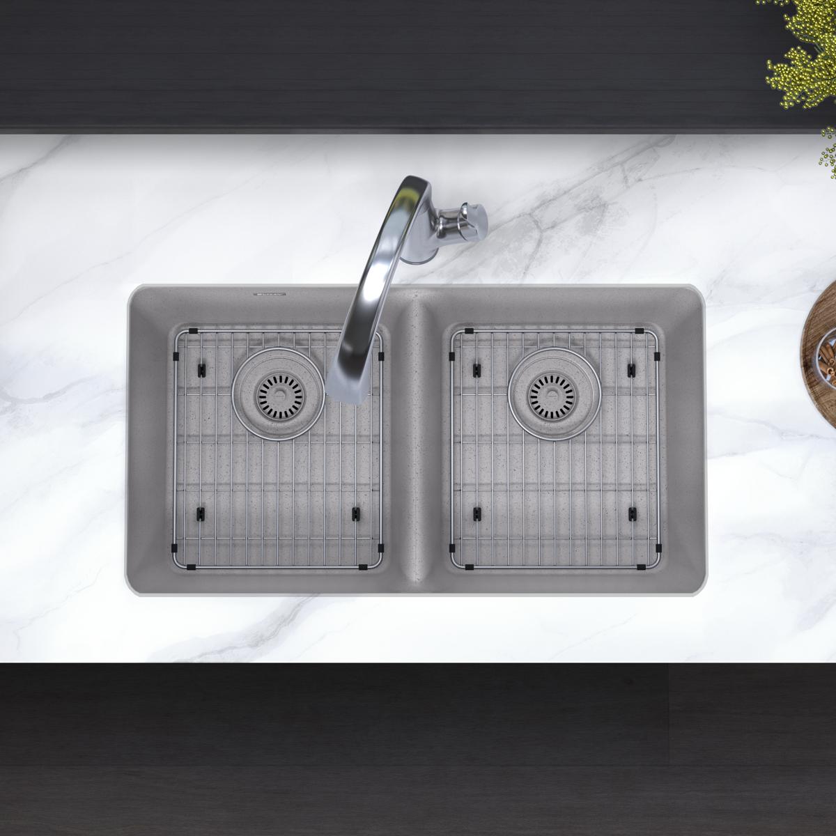Elkay Quartz Classic 33" Undermount Quartz Kitchen Sink Kit with Faucet, 50/50 Double Bowl, Greystone, ELGU3322GS0FLC