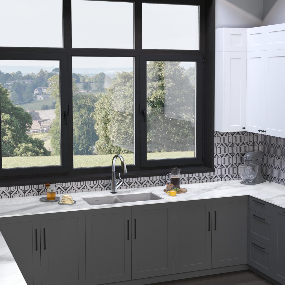 Elkay Quartz Classic 33" Undermount Quartz Kitchen Sink Kit with Faucet, 50/50 Double Bowl, Greystone, ELGU3322GS0FLC