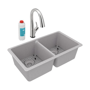 Alternate Image for Elkay Quartz Classic 33" Undermount Quartz Kitchen Sink Kit with Faucet, 50/50 Double Bowl, Greystone, ELGU3322GS0FLC