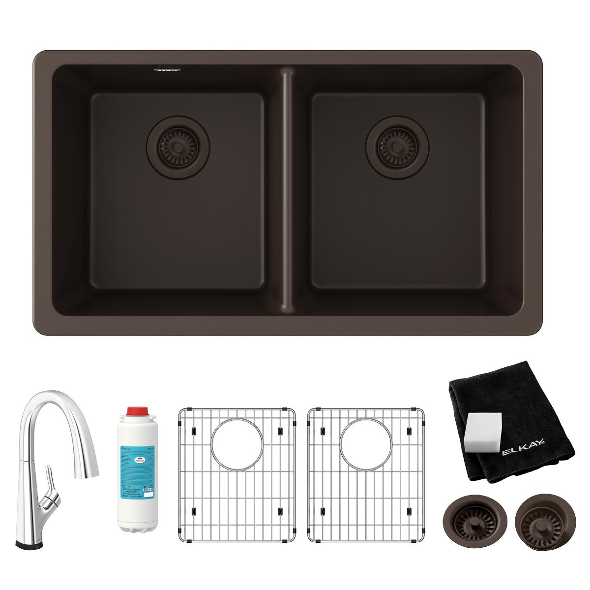 Elkay Quartz Classic 33" Undermount Quartz Kitchen Sink Kit with Faucet, 50/50 Double Bowl, Mocha, ELGU3322MC0FLC