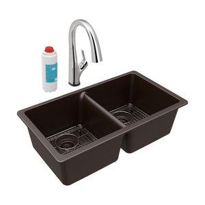 Alternate Image for Elkay Quartz Classic 33" Undermount Quartz Kitchen Sink Kit with Faucet, 50/50 Double Bowl, Mocha, ELGU3322MC0FLC