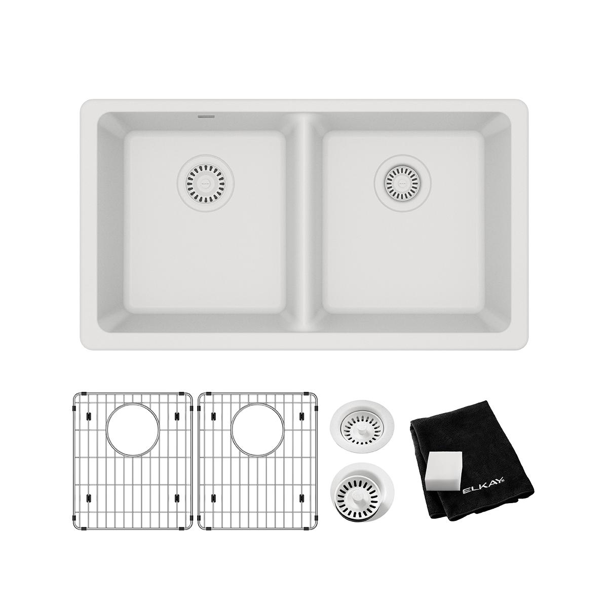 Elkay Quartz Classic 33" Undermount Quartz Kitchen Sink Kit, 50/50 Double Bowl, White, ELGU3322WH0C