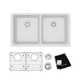 Elkay Quartz Classic 33" Undermount Quartz Kitchen Sink Kit, 50/50 Double Bowl, White, ELGU3322WH0C