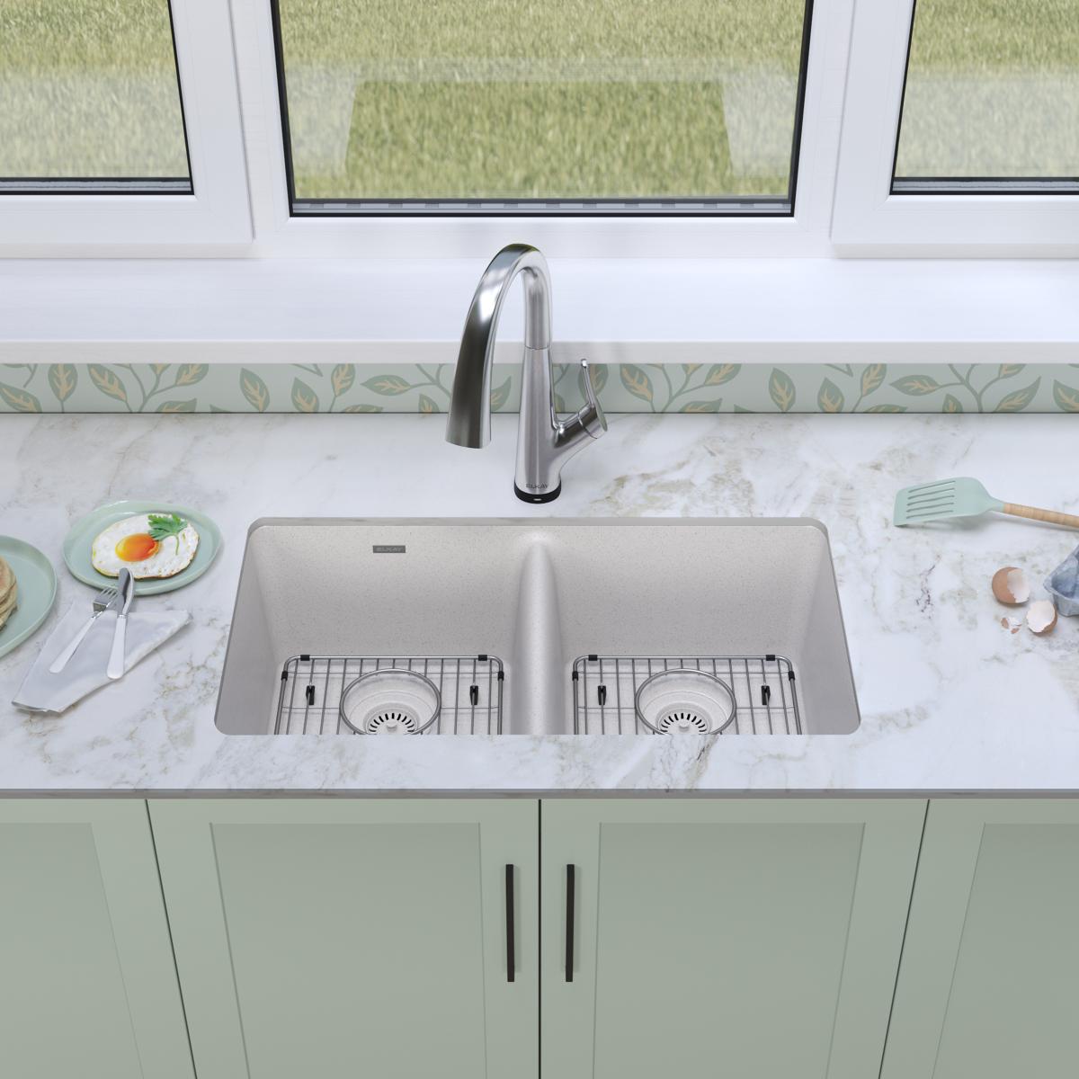 Elkay Quartz Classic 33" Undermount Quartz Kitchen Sink Kit with Faucet, 50/50 Double Bowl, White, ELGU3322WH0FLC