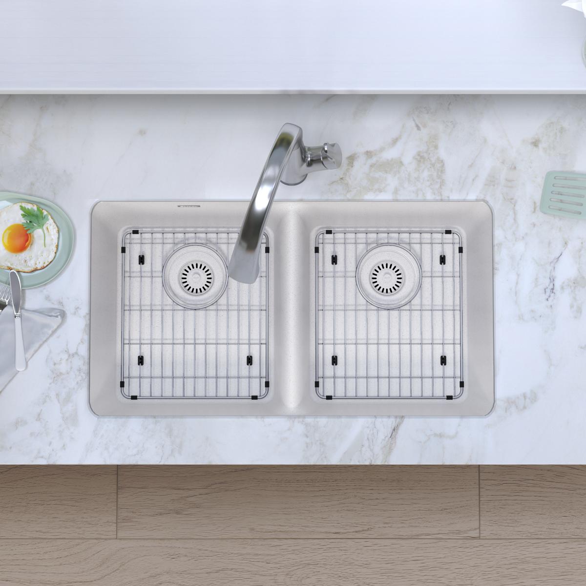 Elkay Quartz Classic 33" Undermount Quartz Kitchen Sink Kit with Faucet, 50/50 Double Bowl, White, ELGU3322WH0FLC