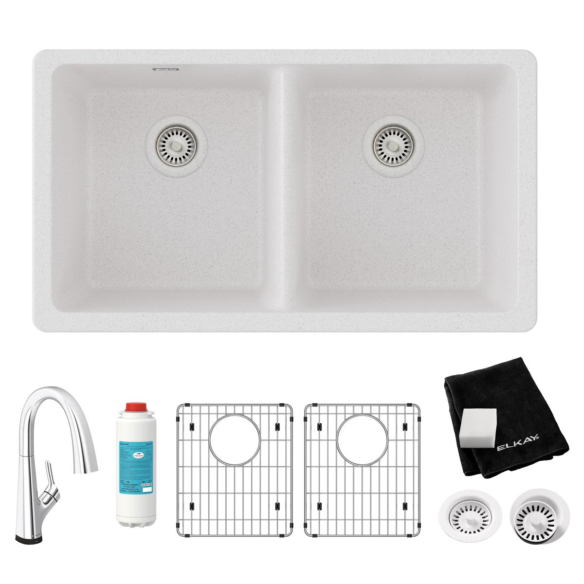 Elkay Quartz Classic 33" Undermount Quartz Kitchen Sink Kit with Faucet, 50/50 Double Bowl, White, ELGU3322WH0FLC