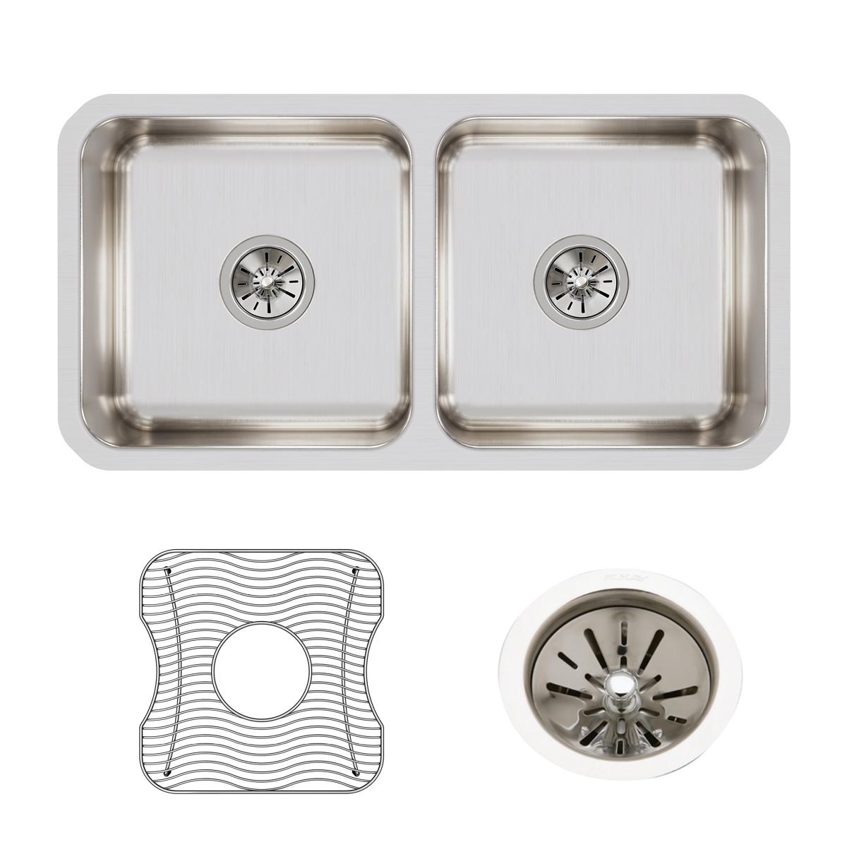 Elkay Lustertone Classic 32" Undermount Stainless Steel Kitchen Sink Kit, 50/50 Double Bowl, Lustrous Satin, 18 Gauge, ELUH3116DBG