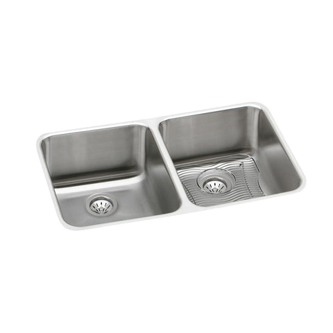 Elkay Lustertone Classic 31" Undermount Stainless Steel Kitchen Sink Kit, 50/50 Double Bowl, Lustrous Satin, 18 Gauge, ELUH311810DBG