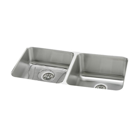 Elkay Lustertone Classic 31" Undermount Stainless Steel Kitchen Sink Kit, 50/50 Double Bowl, Lustrous Satin, 18 Gauge, ELUH311810LDBG