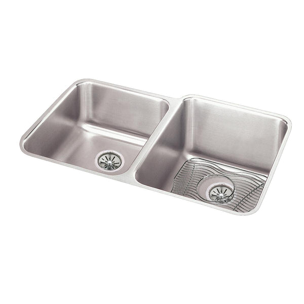 Elkay Lustertone Classic 31" Undermount Stainless Steel Kitchen Sink Kit, 40/60 Double Bowl, Lustrous Satin, 18 Gauge, ELUH3120LDBG