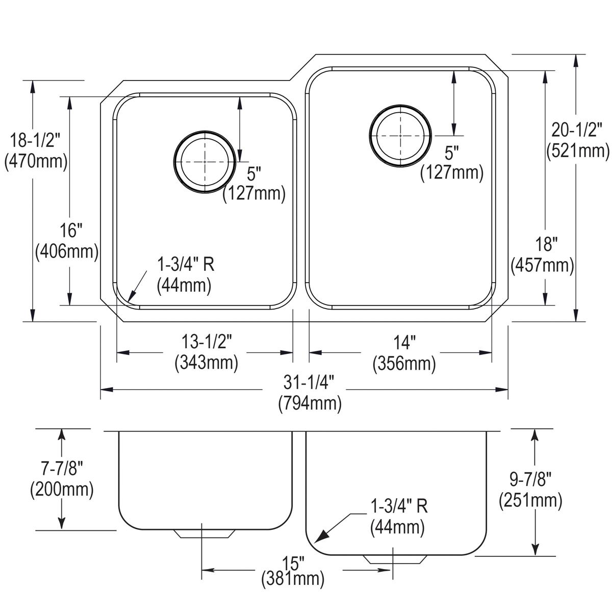 Elkay Lustertone Classic 31" Undermount Stainless Steel Kitchen Sink Kit, 40/60 Double Bowl, Lustrous Satin, 18 Gauge, ELUH3120LDBG